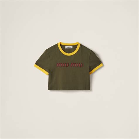 miu miu camo|Camouflage/yellow Embroidered Cotton Jersey T.